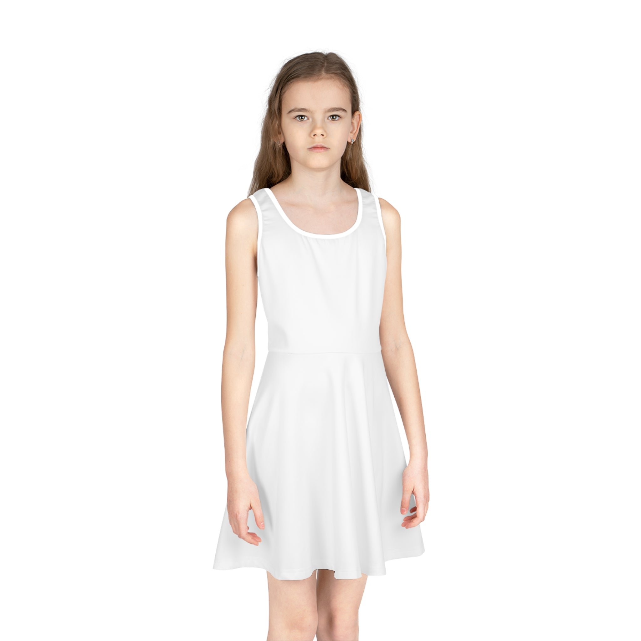 Girls' Sleeveless Sundress – Cute Plain White AOP Skater Dress for Kids
